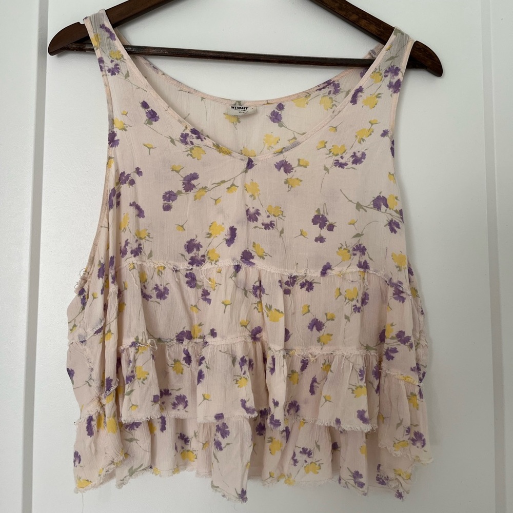 Free People Floral Ruffled Tank Top in Light Pink, Purple & Yellow